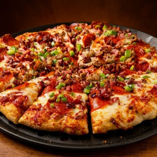 A whole meat lover's pizza with pepperoni, sausage, ham, bacon, and green peppers.