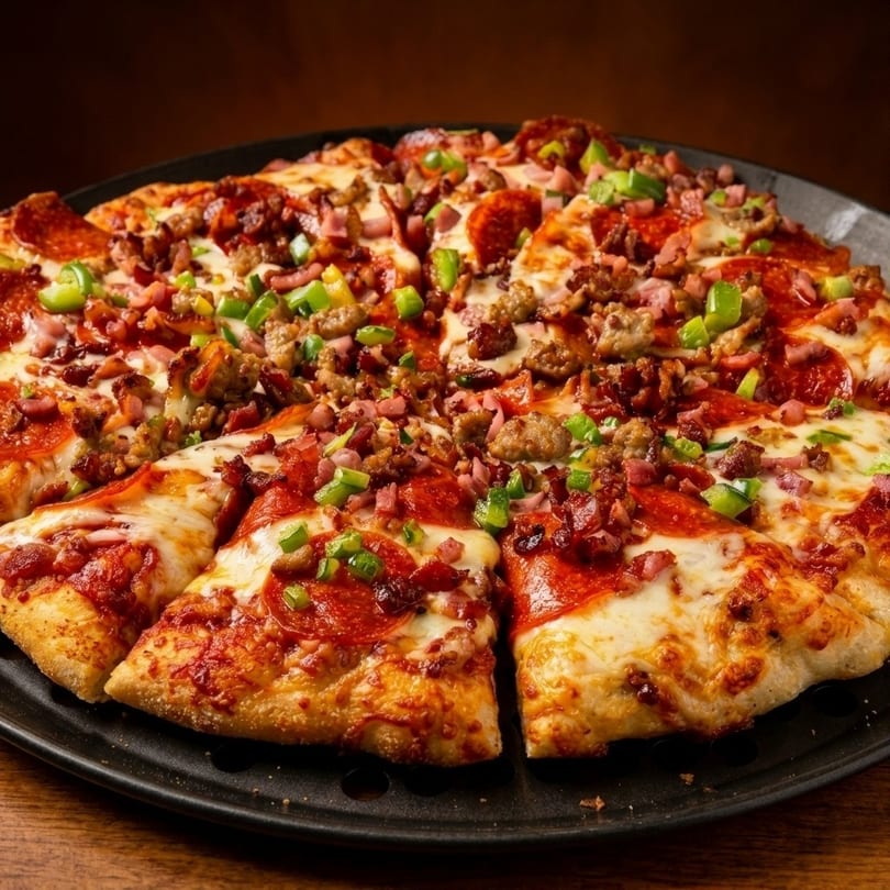 A whole meat lover's pizza with pepperoni, sausage, ham, bacon, and green peppers.