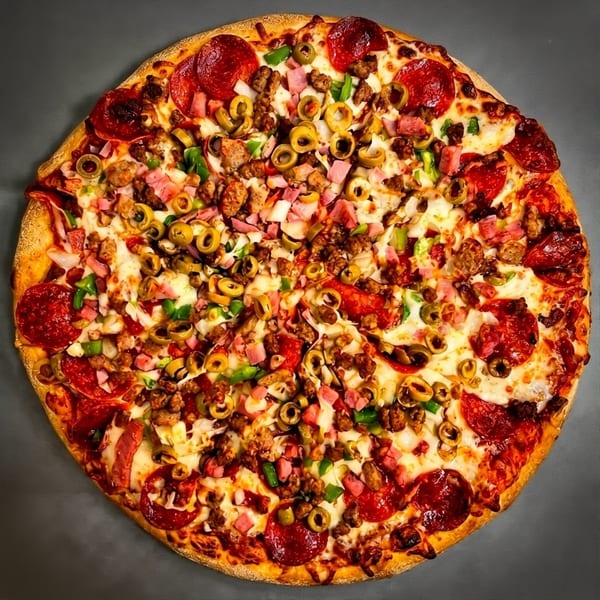 A large, round pizza loaded with pepperoni, sausage, ham, green peppers, and olives.