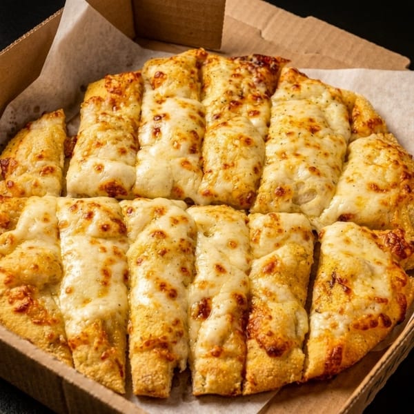Cheesy garlic breadsticks, golden brown and cut into strips, in a cardboard pizza box.